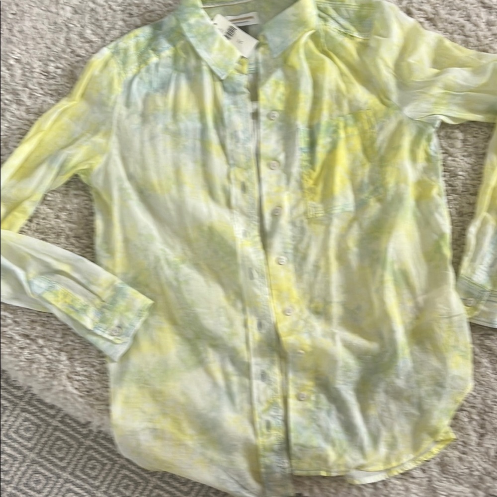 Anthropologie Yellow and Green Blouse with Watercolor Pattern